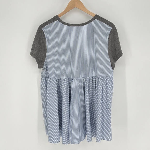Deletta Womens Linen Blend Short Sleeve Top Size L Gray Blue Stripe Mixed Media - Picture 3 of 15